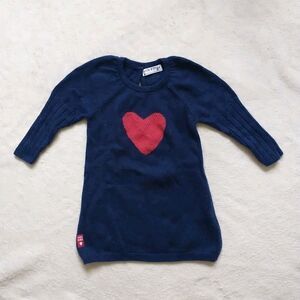 Sucre D'Orge Sweater Dress Baby Girl 6M BlueRed Heart Cotton Angora Knit KeyHole